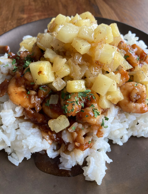 Honey Teriyaki Shrimp with Caramelized Onion & Pineapple Forks & Vines
